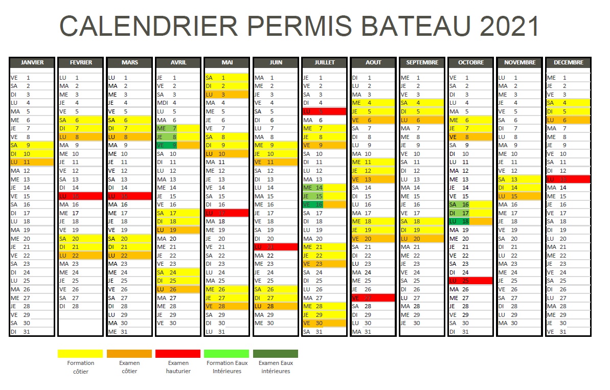 Calendrier permis bateau aux sables d'olonne | CEROV